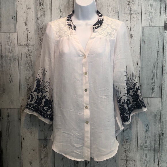 Figueroa & Flower White/Navy Blue Stitching Tunic Small - Picture 1 of 13